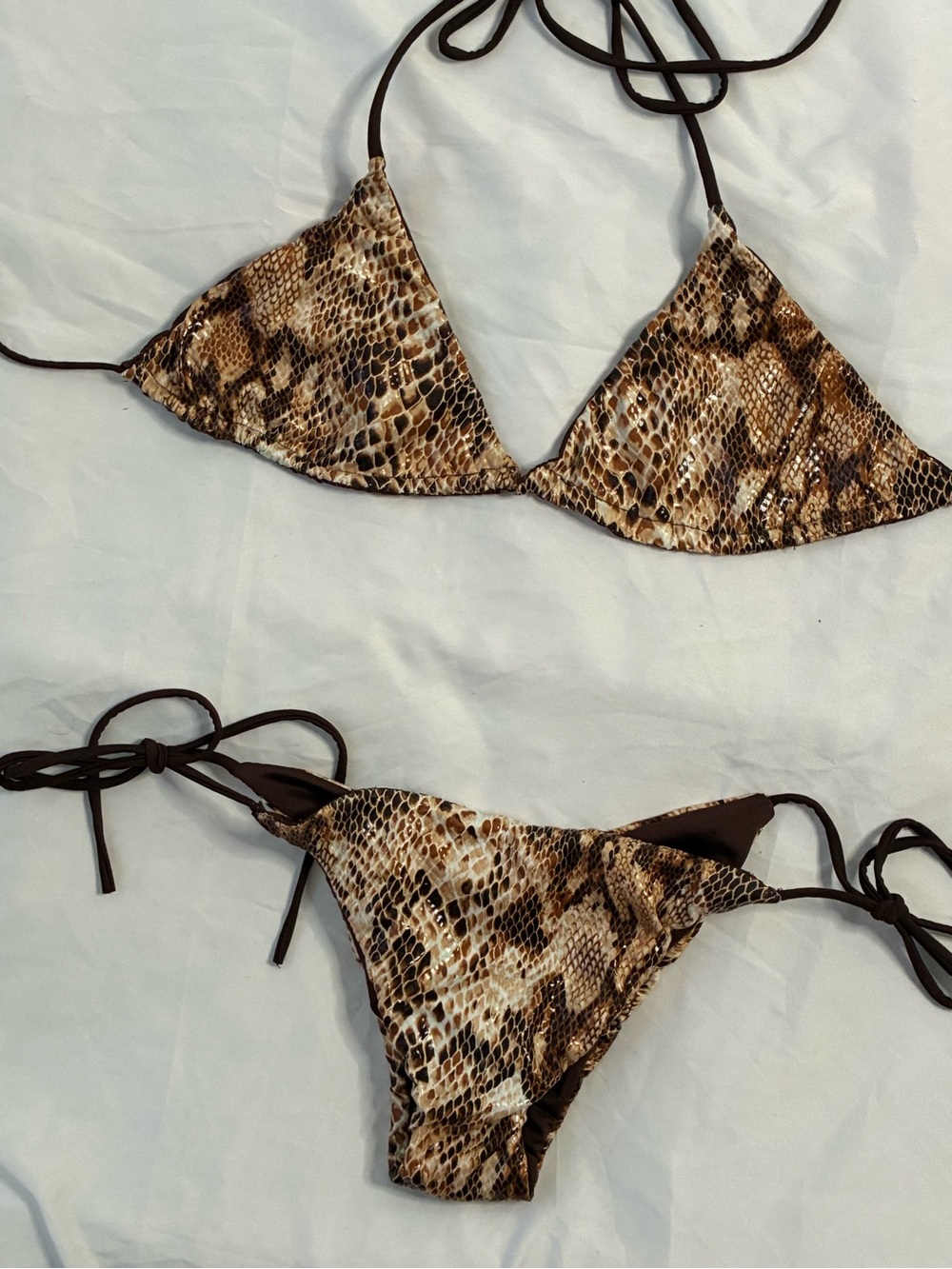 Snake Print Triangle String Bikini - Brown Tones